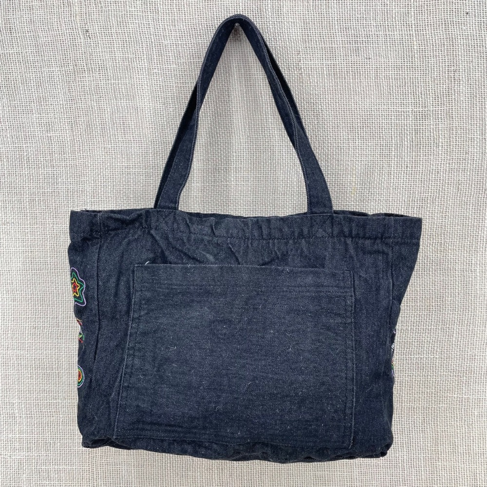 Groovy Trippy Heart Black Denim Embroidered‎ Tote Bag Take A Trip With Me Retro - Picture 5 of 10